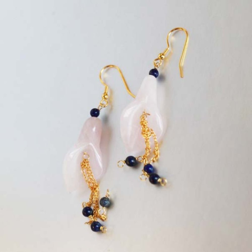 Natural Pink Quartz Dangle Earrings Natural Gemstone Flower Earrings For Her - Picture 7 of 8